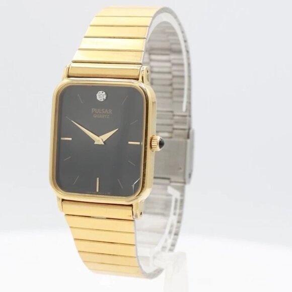 Vintage Pulsar V250-5430 Diamond & Black Dial Men's Quartz Wristwatch Gold Tone